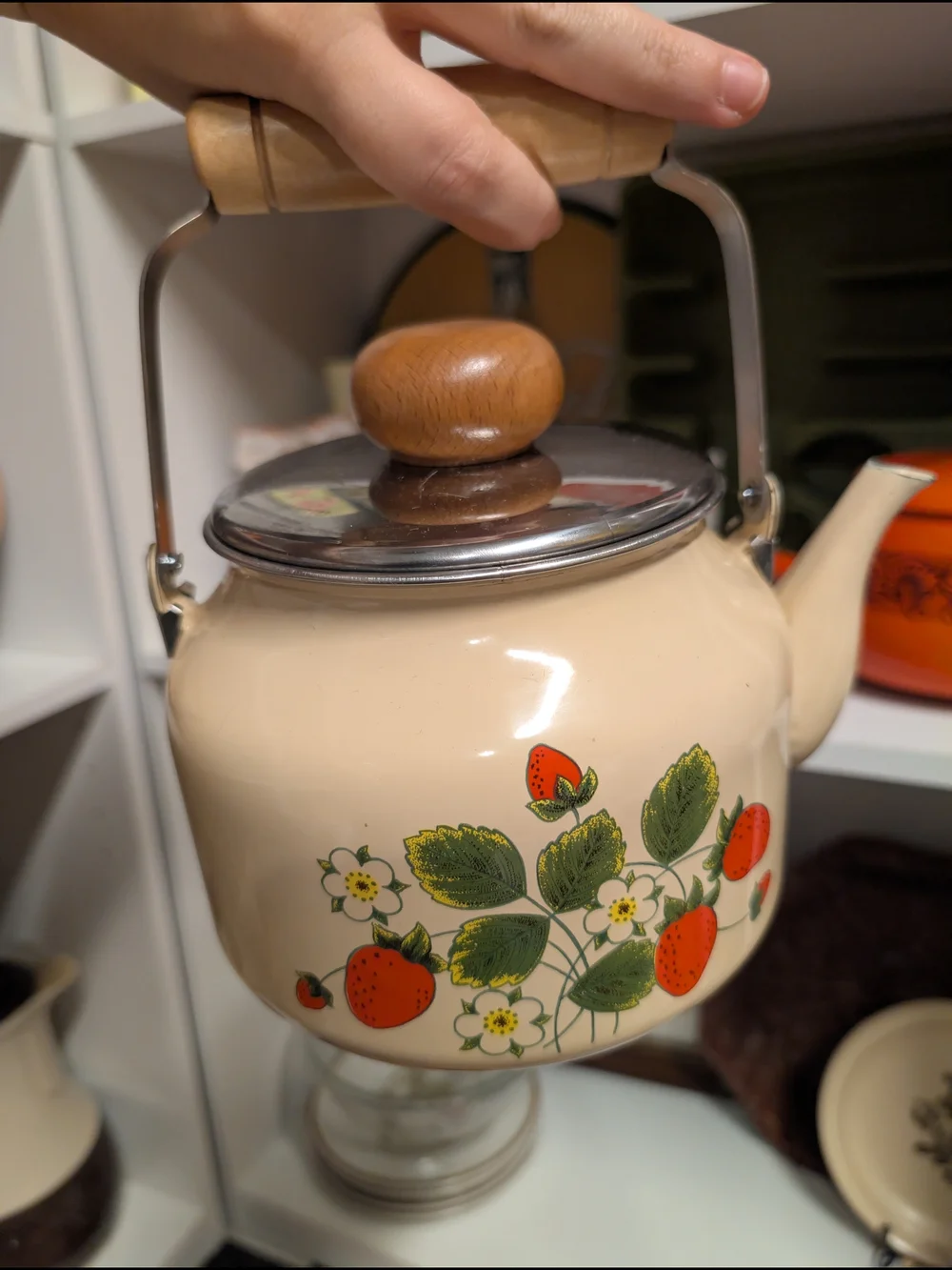 Vintage Strawberry Stovetop Kettle with Wooden Handle Retro 70s